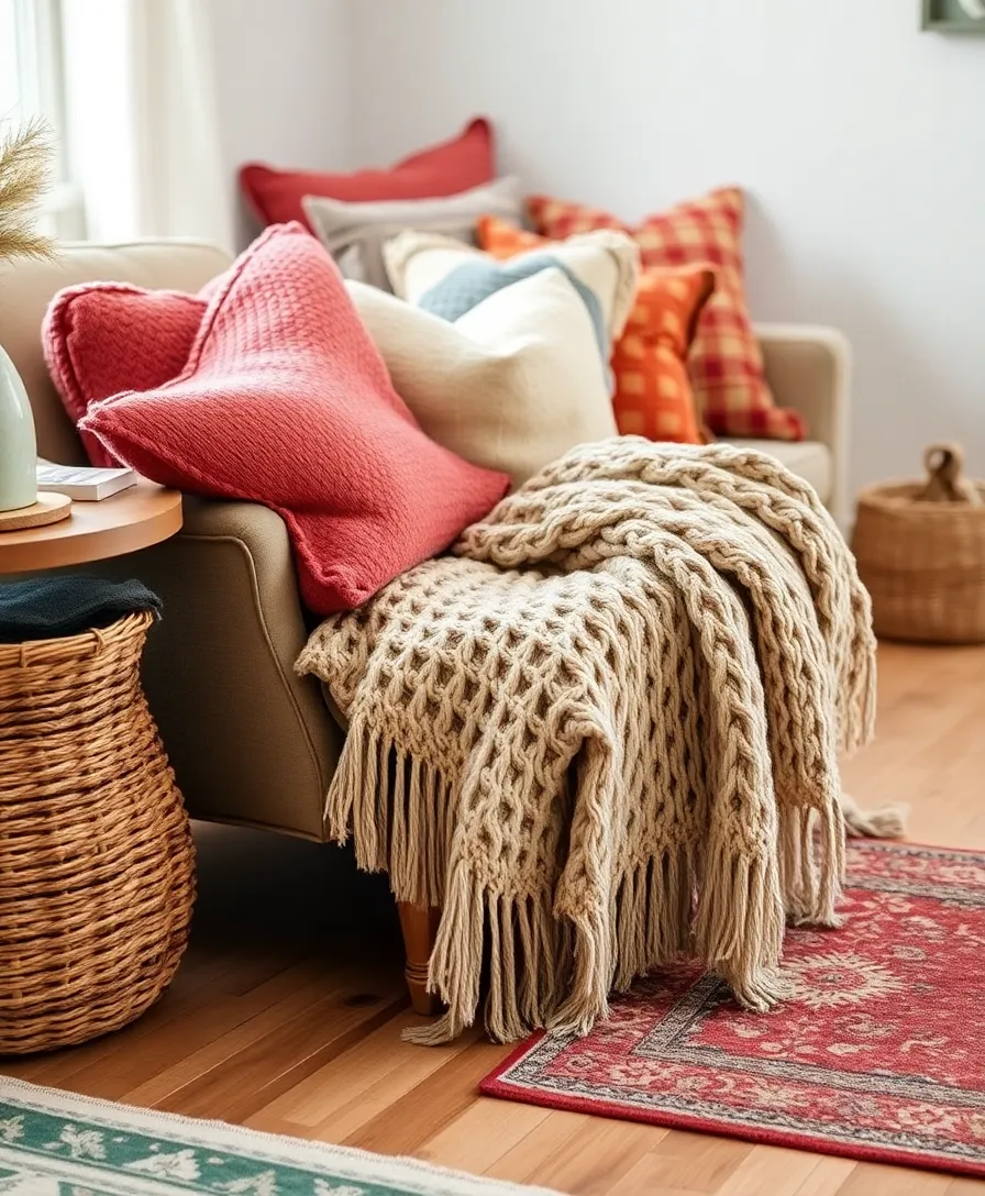 35 Living Room Designs That Bring the Boho Vibe to Life (You’ll Love #14!) - 1. Layered Textiles for Ultimate Comfort