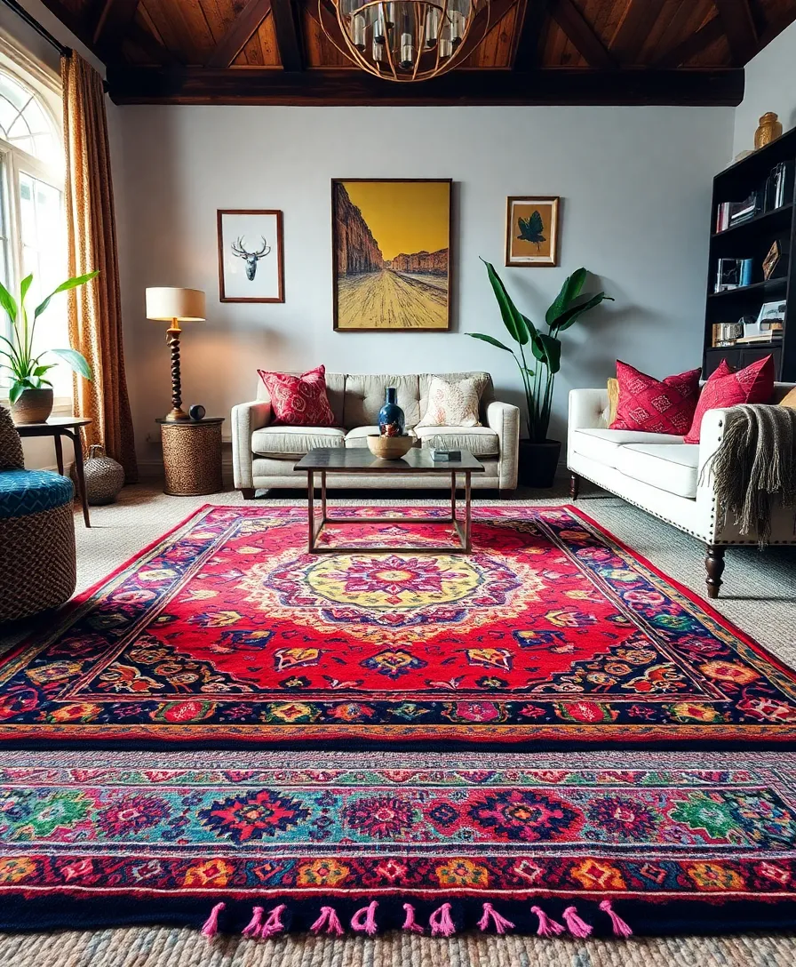 35 Living Room Designs That Bring the Boho Vibe to Life (You’ll Love #14!) - 9. Colorful Rugs