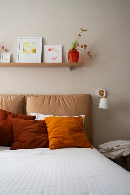 Bedroom view with bed sheets and decor