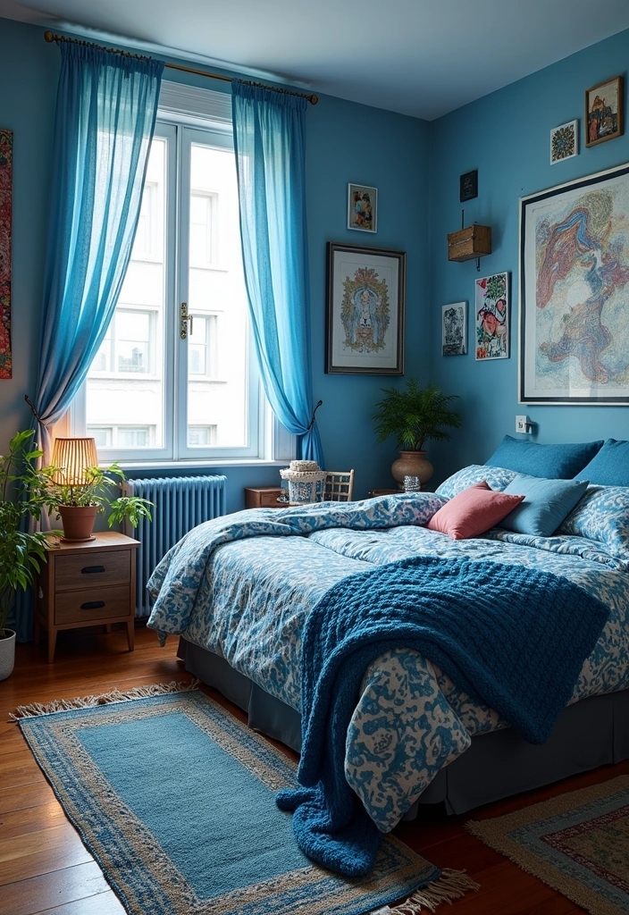 21 Fresh Blue Bedroom Ideas That Will Transform Your Space Instantly! - 18. Artistic Blue Textiles