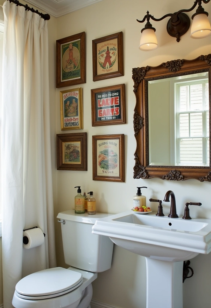 22 Vintage Bathroom Ideas That Will Make You Say 'I Want That Retro Vibe!' - 9. Vintage Wall Art