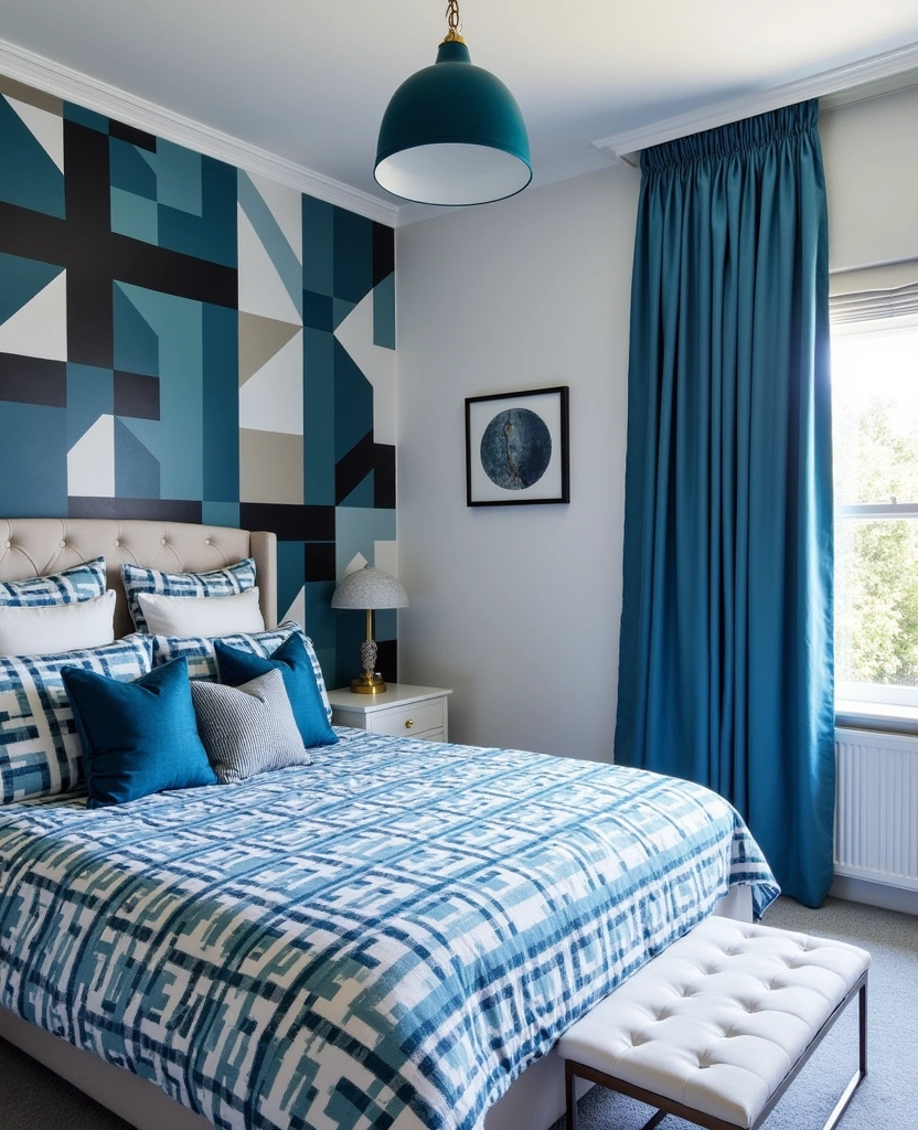 21 Fresh Blue Bedroom Ideas That Will Transform Your Space Instantly! - 27. Geometric Blue Patterns