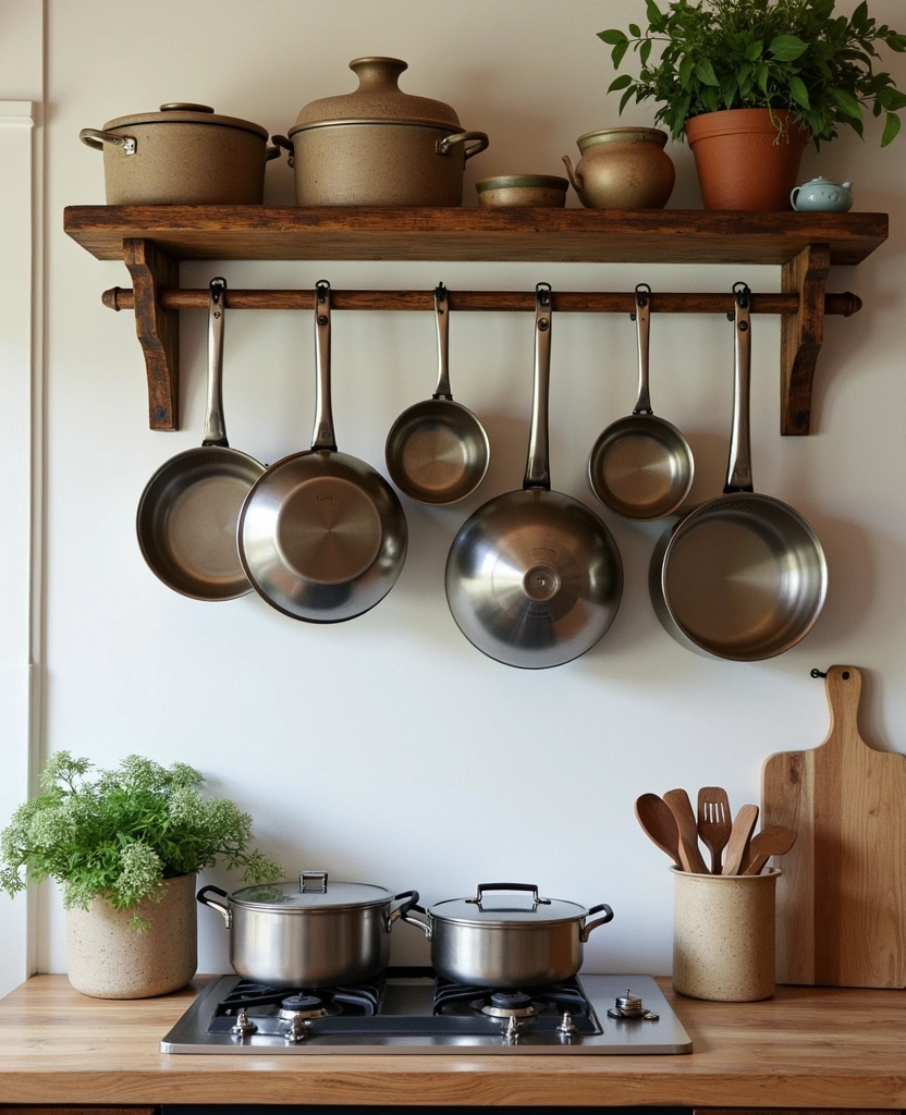 20 Old Farmhouse Kitchen Ideas That'll Make You Want to Cook Every Day! - 23. Rustic Wall-mounted Pot Rack