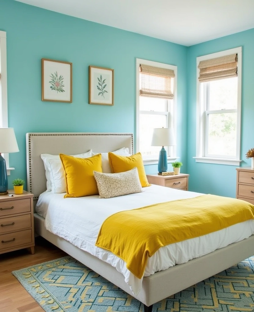 21 Fresh Blue Bedroom Ideas That Will Transform Your Space Instantly! - 30. Blue and Yellow Cheerful Contrast