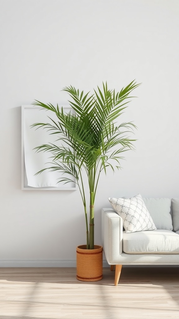 A Bamboo Palm in a stylish pot next to a light-colored sofa in a minimalistic living room.