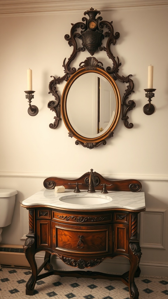 An antique wooden vanity with a marble top and an ornate mirror above it, set in a vintage bathroom.