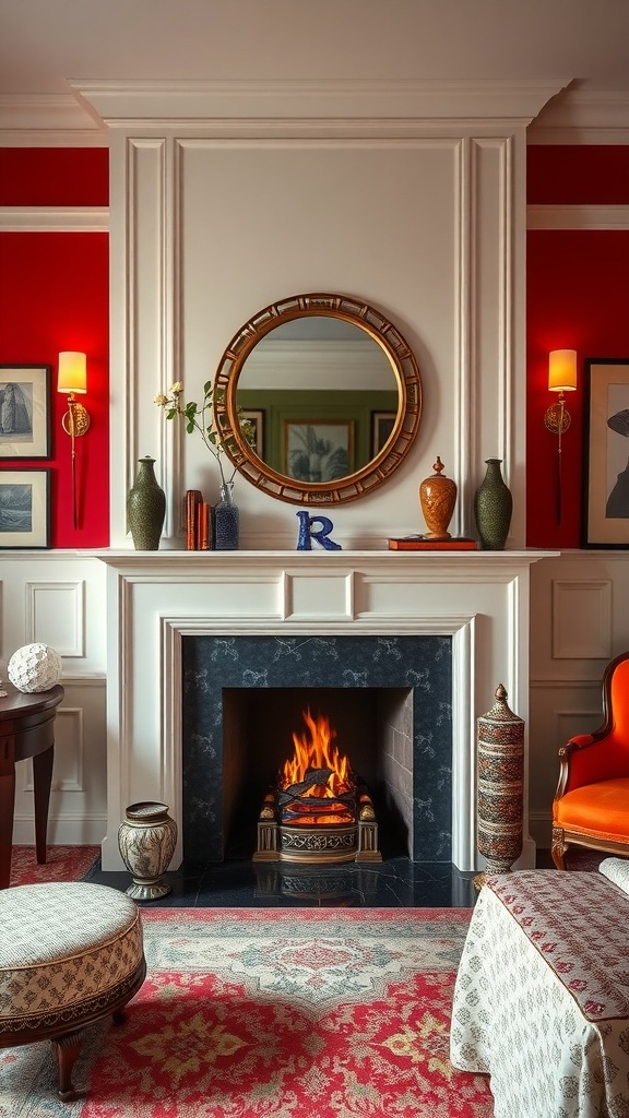 Art Deco style bedroom with a fireplace, featuring red walls, a round mirror, and elegant decor.