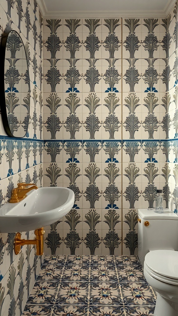 Art Deco bathroom with patterned tiles on walls and floor