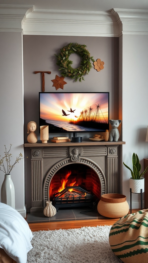 Cozy bedroom with a fireplace and TV display showing a sunset scene, decorated with plants and artistic elements.