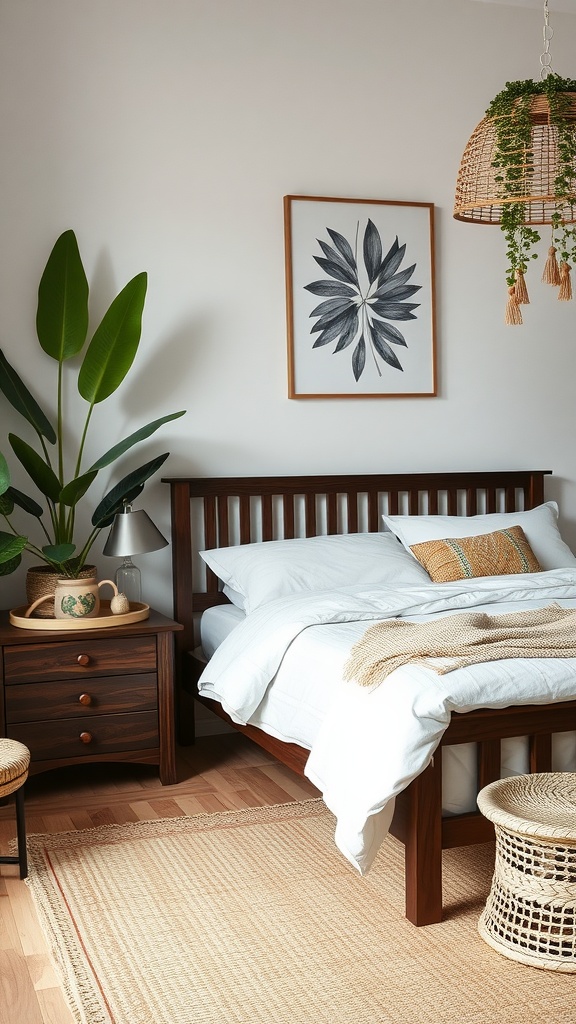 A cozy bedroom featuring dark wooden furniture, light bedding, and natural elements such as plants and woven decor.