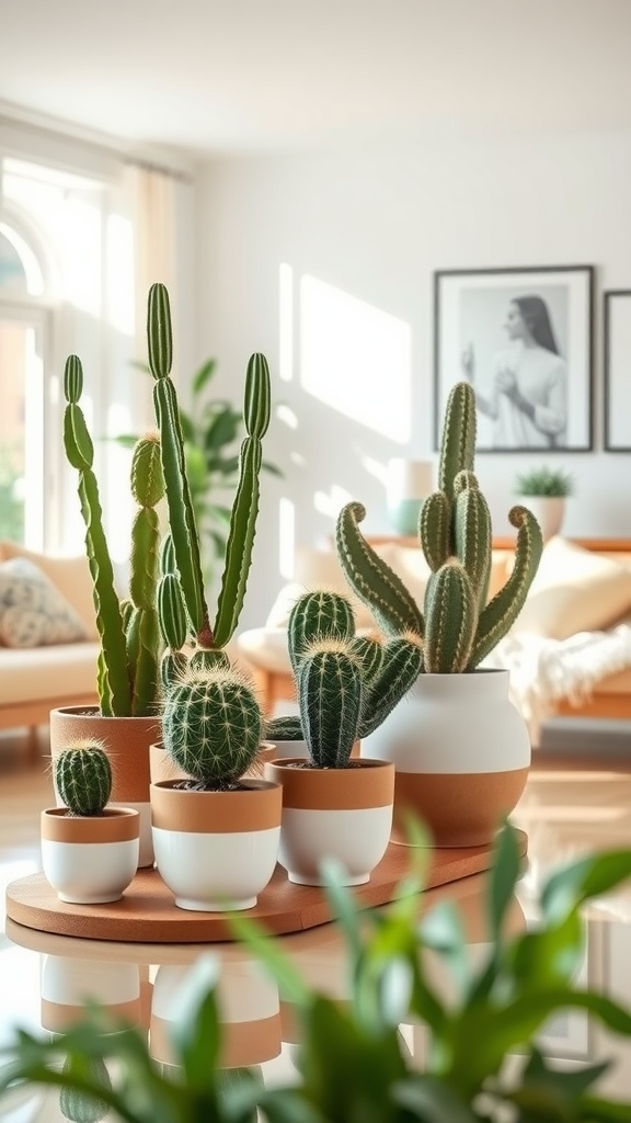 A collection of cacti in various pots arranged as a centerpiece in a bright living room.