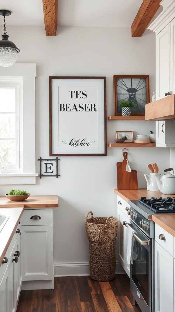 Charming monochrome wall art in a modern farmhouse kitchen setting.