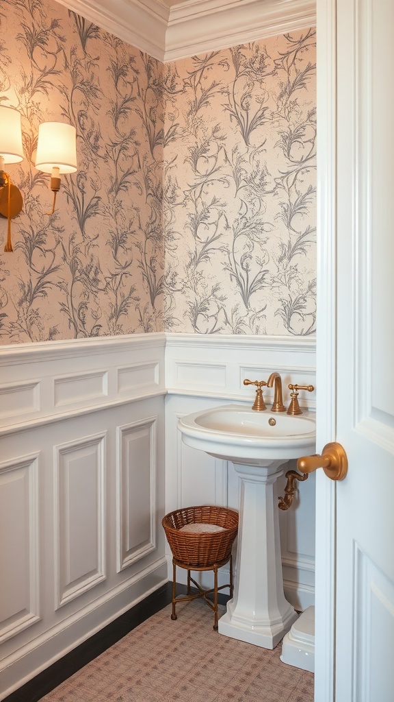 A vintage bathroom with charming wainscoting and floral wallpaper, showcasing a pedestal sink and warm lighting.