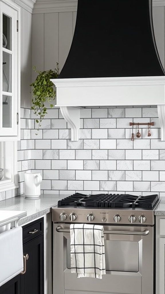 Chic farmhouse kitchen with a black and white backsplash and hood.