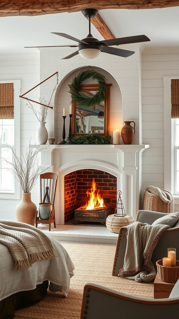 A cozy farmhouse-style bedroom featuring a fireplace, natural decor, and warm lighting.