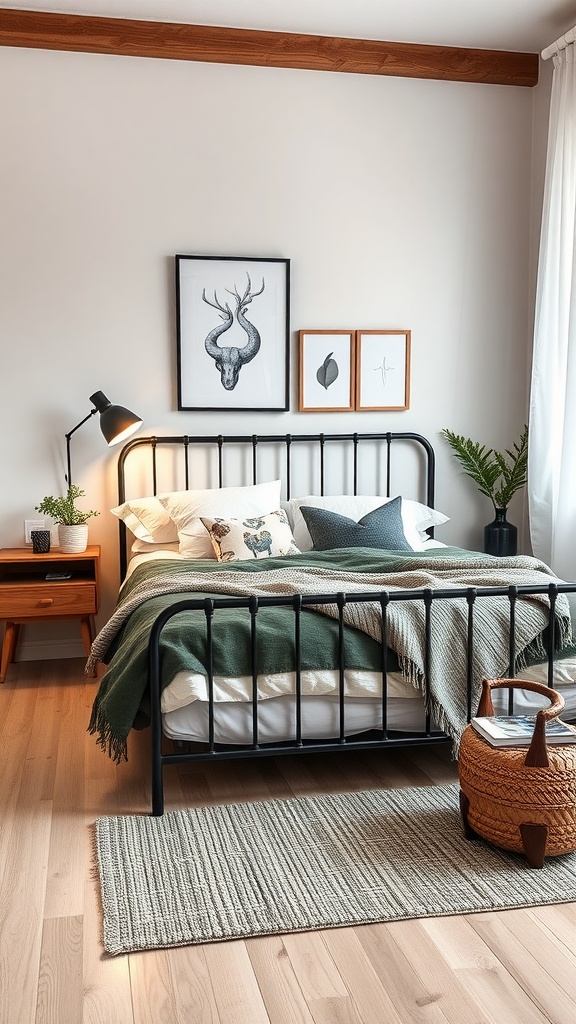 A chic Scandinavian bedroom featuring a black bed frame, cozy textiles, and stylish decor.