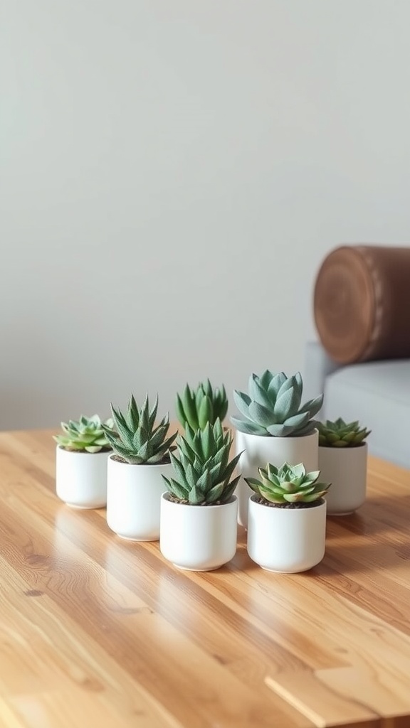 Chic succulent arrangements in white pots on a wooden table