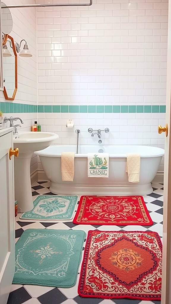 A vintage-styled bathroom with colorful bath mats in red and blue, featuring a freestanding bathtub.