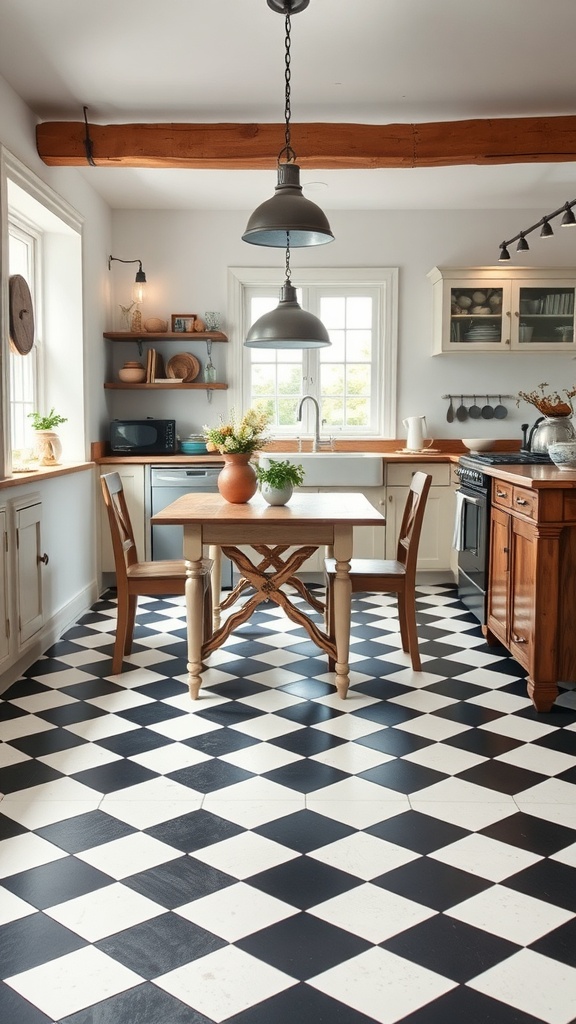 A cozy farmhouse kitchen featuring classic checkerboard flooring in black and white, with wooden furniture and natural light.