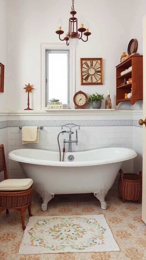 A vintage bathroom featuring a classic clawfoot bathtub, chandelier, and rustic decor.