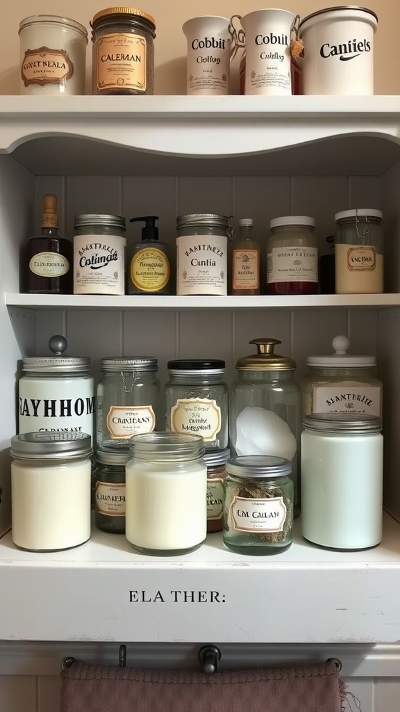 A collection of vintage toiletry jars displayed on a shelf, showcasing various shapes and labels.