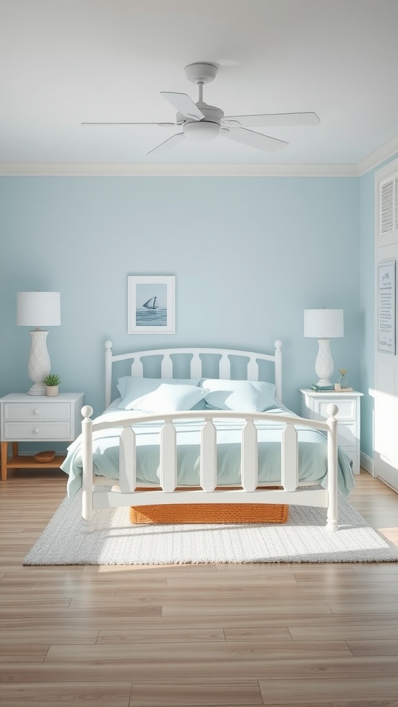 A serene bedroom featuring white furniture, a light blue wall, and coastal decor.