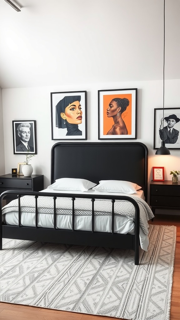 A contemporary bedroom featuring a black bed frame and vibrant art on the walls.