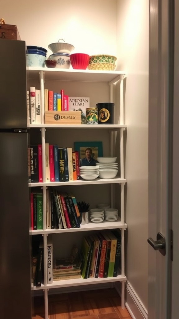 Corner shelving unit filled with books, bowls, and plates in a kitchen setting.