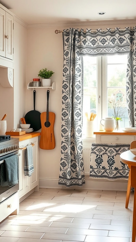 Cozy farmhouse kitchen with patterned textiles and natural light