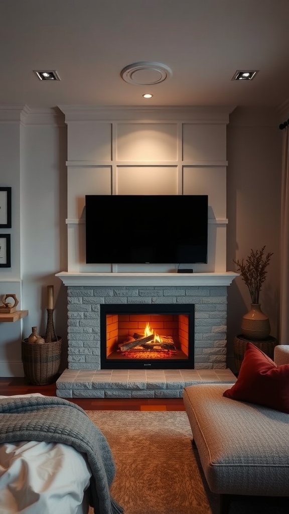 Cozy bedroom nook featuring a fireplace with a TV mounted above it, surrounded by comfortable seating and soft decor.