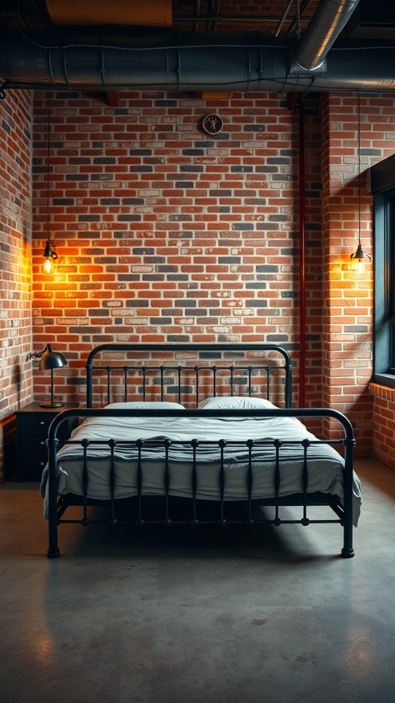 Cozy industrial loft bedroom featuring a black bed frame against a brick wall