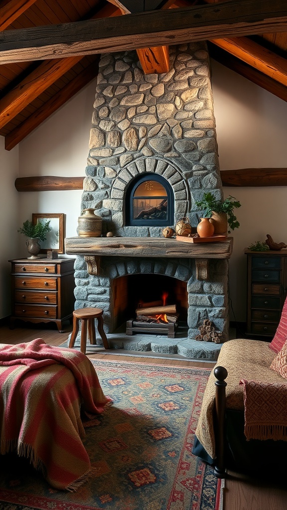 Cozy bedroom with a stone fireplace, wooden beams, and rustic decor