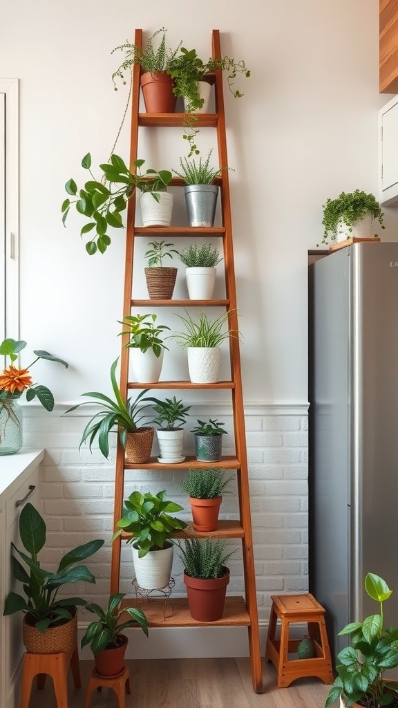 A wooden decorative ladder filled with various potted plants in a kitchen setting.