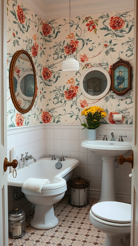 A vintage bathroom featuring floral wallpaper, a clawfoot tub, and a pedestal sink.