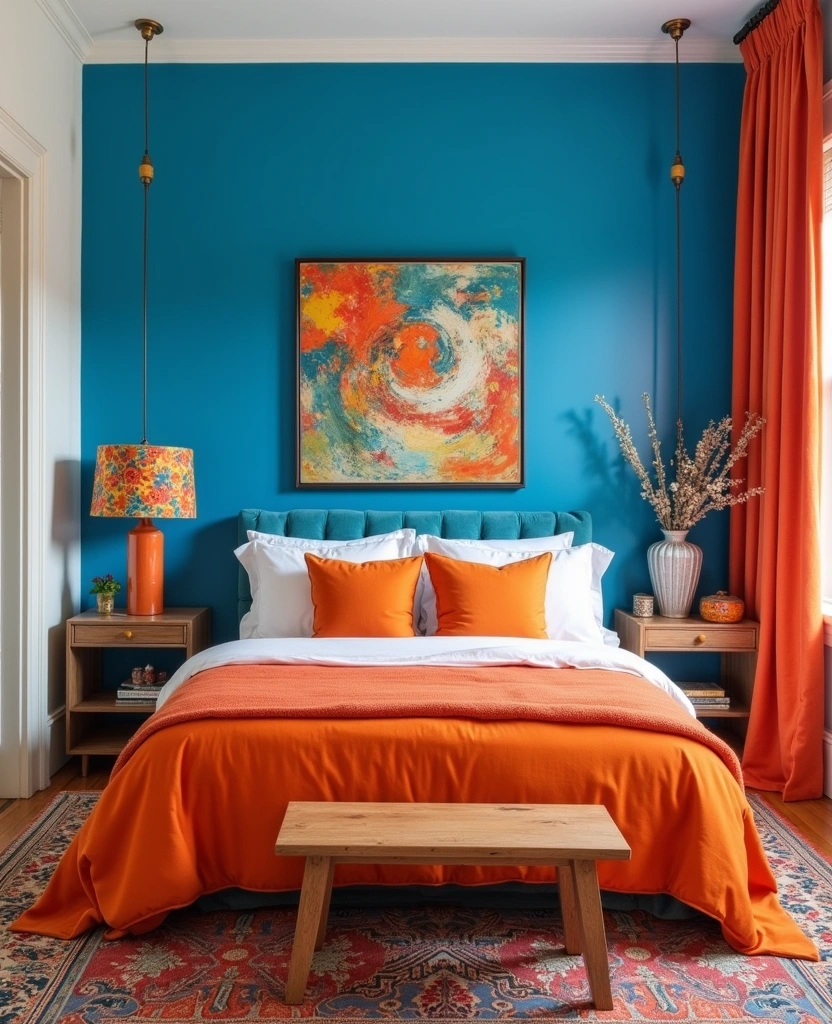 21 Fresh Blue Bedroom Ideas That Will Transform Your Space Instantly! - 25. Eclectic Blue and Orange Contrast