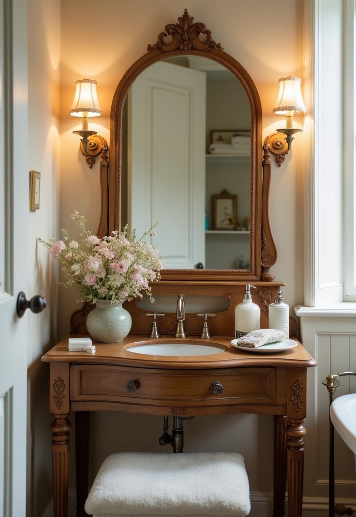 22 Vintage Bathroom Ideas That Will Make You Say 'I Want That Retro Vibe!' - 5. Antique Vanity Tables