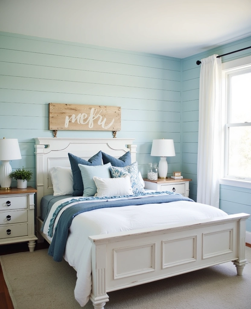 21 Fresh Blue Bedroom Ideas That Will Transform Your Space Instantly! - 24. Blue and White Farmhouse Fusion