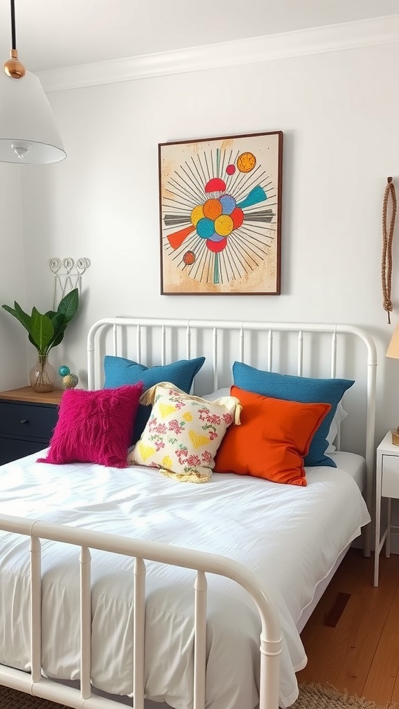 A cozy bedroom featuring a white bed frame with colorful pillows and a vibrant piece of artwork on the wall.