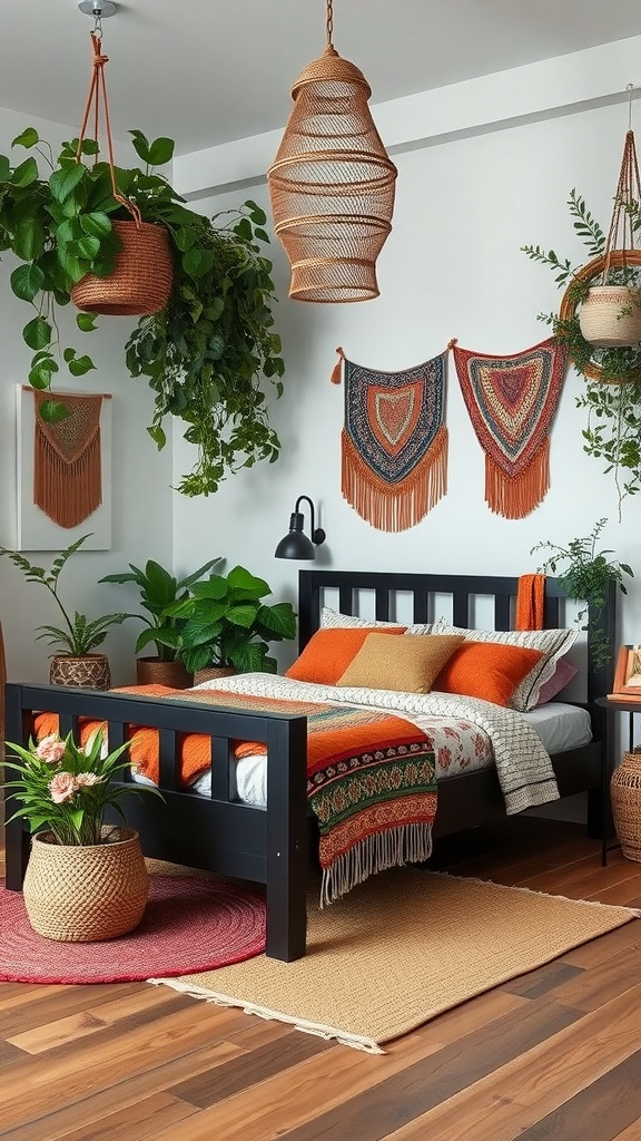 A cozy bohemian bedroom featuring a black bed frame, colorful textiles, hanging plants, and woven decor.