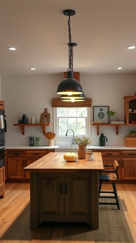 A cozy farmhouse kitchen with elegant lighting fixtures.