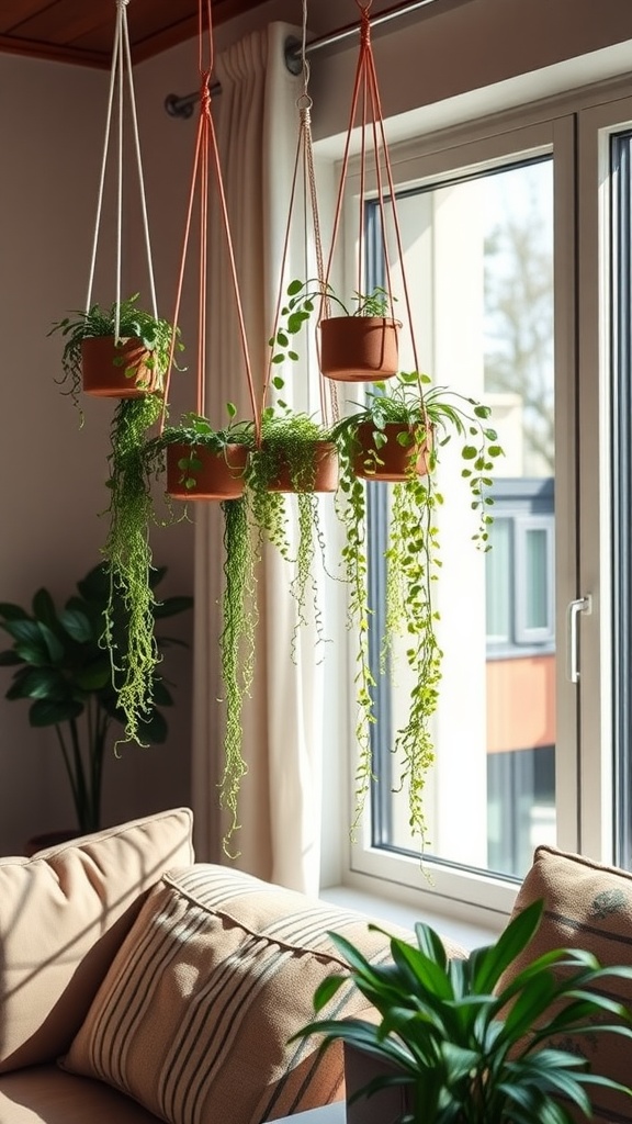 A cozy living room with elegant hanging planters featuring various indoor plants