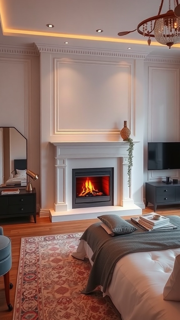 A cozy bedroom featuring a fireplace and TV, with elegant decor and warm lighting.