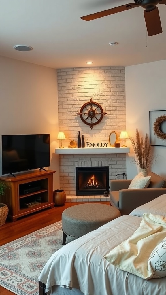 A cozy bedroom corner featuring a fireplace and a TV, with comfortable seating and warm decor.