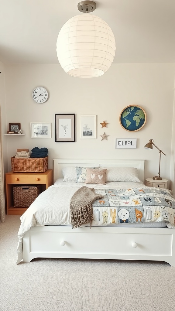 Cozy bedroom featuring a white storage bed, playful bedding, and warm decor.