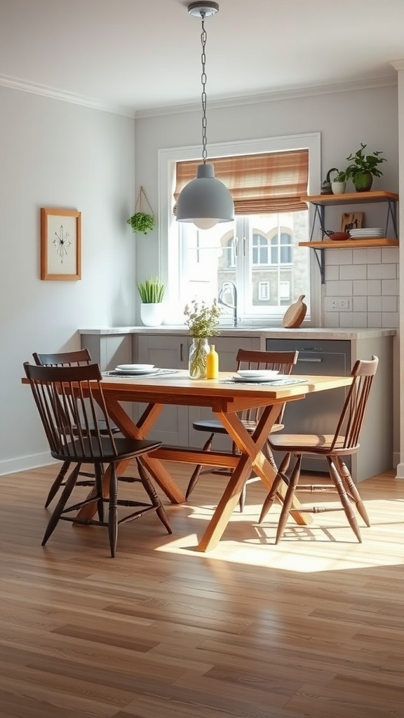 A cozy kitchen with a foldable dining set featuring a wooden table and four chairs