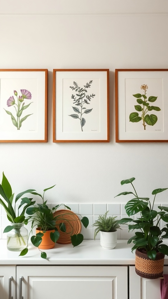 Three framed botanical prints of plants hanging on a wall above a countertop with potted plants.