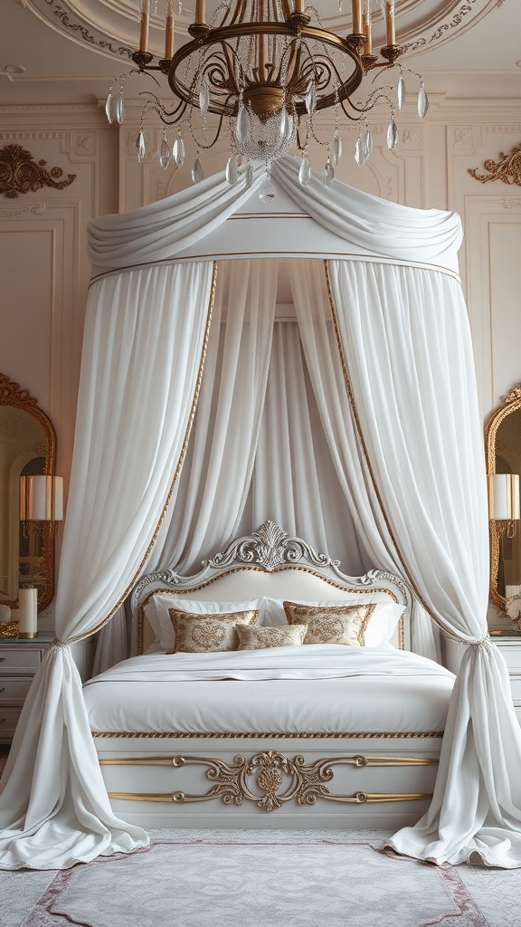 A luxurious white canopy bed draped with soft fabric, surrounded by elegant decor.