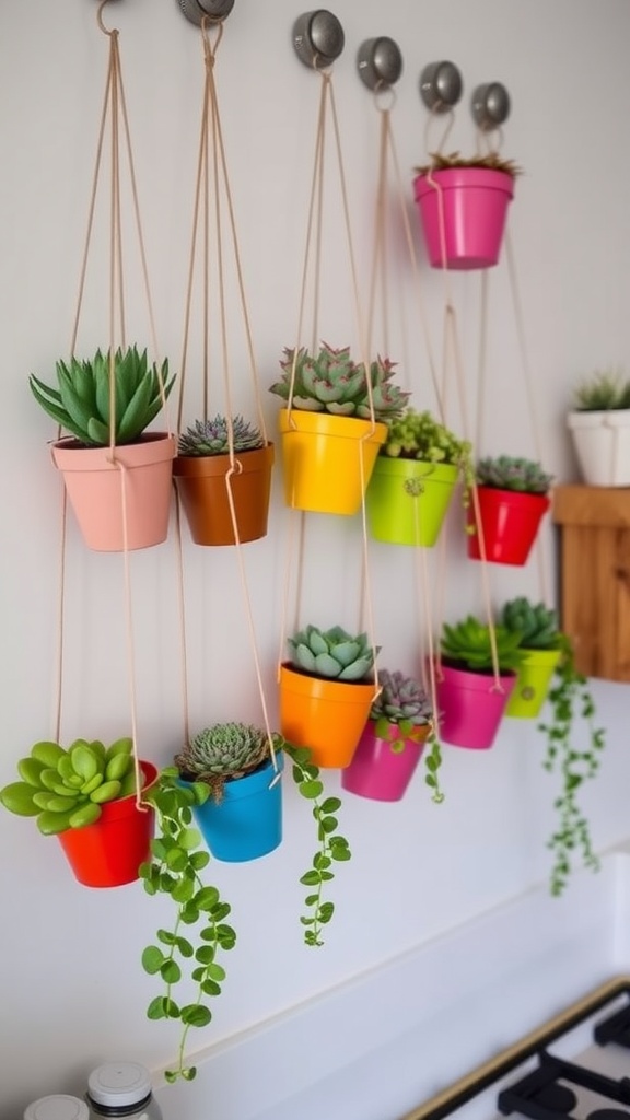 Colorful hanging succulent planters with various plants in a kitchen setting