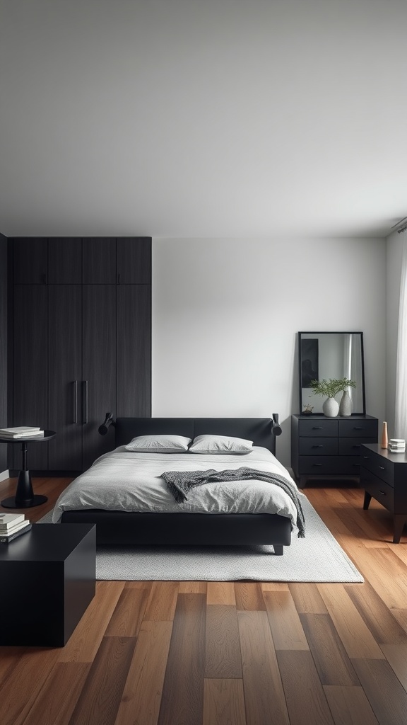 A minimalist bedroom featuring dark furniture, a light rug, and wooden flooring.