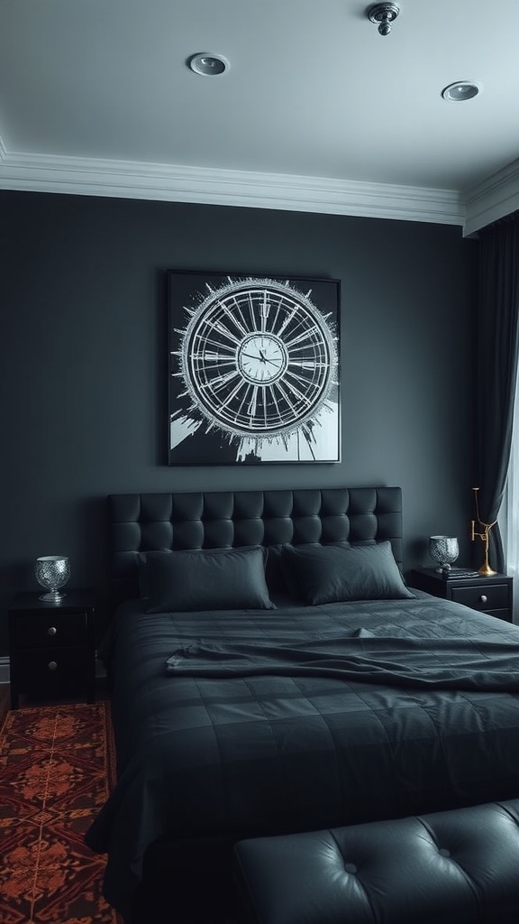 A stylish bedroom featuring dark furniture and a statement wall art piece.